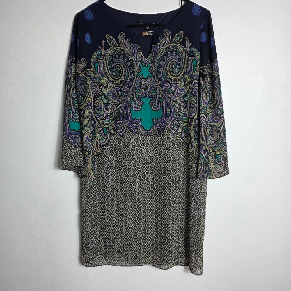 Tiana B Womens Paisley Print Shift Dress Navy Green Purple‎ Size 6
